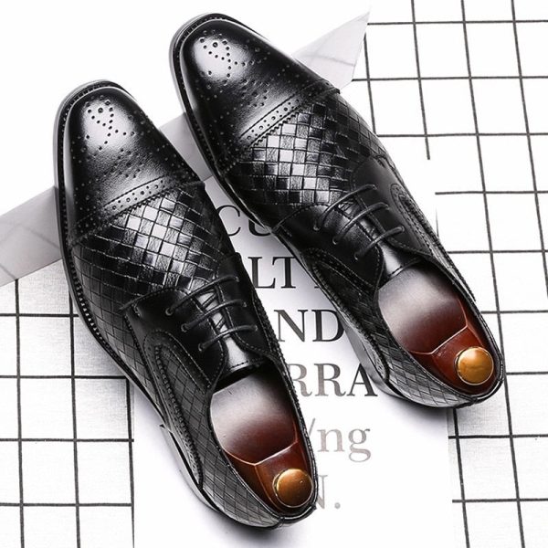 Men's Woven Leather Dress Shoes Mens Classic Vintage Derby Shoes Brogue Shoes Men Lace-Up Business Office Party Wedding Shoes - Image 2