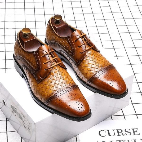 Men's Woven Leather Dress Shoes Mens Classic Vintage Derby Shoes Brogue Shoes Men Lace-Up Business Office Party Wedding Shoes - Image 3