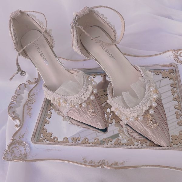 Lolita Elegance Shoe Pointed Toe High-heel 6cm Floral Wedding Pearl Star Moon Ornament Kawaii Tea Party Cosplay Anime Cute Shoes - Image 3