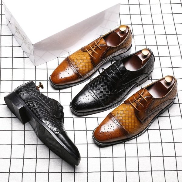 Men's Woven Leather Dress Shoes Mens Classic Vintage Derby Shoes Brogue Shoes Men Lace-Up Business Office Party Wedding Shoes - Image 4