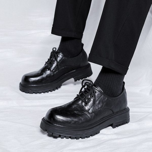 Men Korea Leather Platform Oxfords Slip On Thick Tottom Male Derby Shoes Casual Loafers Mens Square Toe Formal Dress Shoes - Image 9