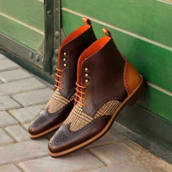 Men Short Boots Flock Lace-up Round Toe Plaid Shoes for Men with Free Shipping Mens Ankle Boots Handmade Combat Boots