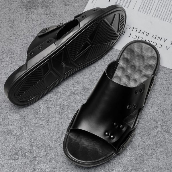 Luxury Brand Summer Men Slippers Fashion Slip On Black Leather Beach Shoes For Men Casual Slippers High Quality Non-Slip Sandals - Image 3