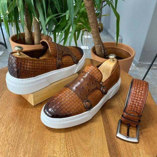 New Brown Men's Vulcanize Shoes Double Buckle Monk Shoes Black  Slip-On Lazy Shoes Handmade  Free Shipping Men Casual Shoes - Image 2