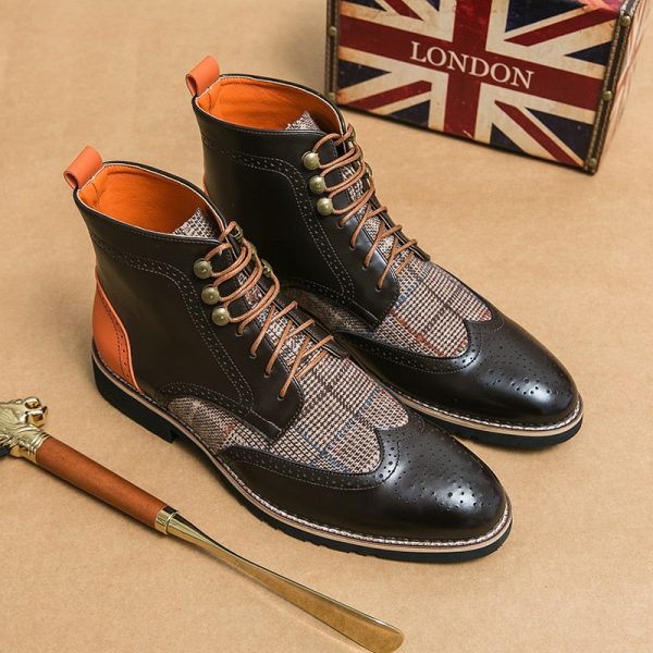 Men Short Boots Flock Lace-up Round Toe Plaid Shoes for Men with Free Shipping Mens Ankle Boots Handmade Combat Boots - Image 4